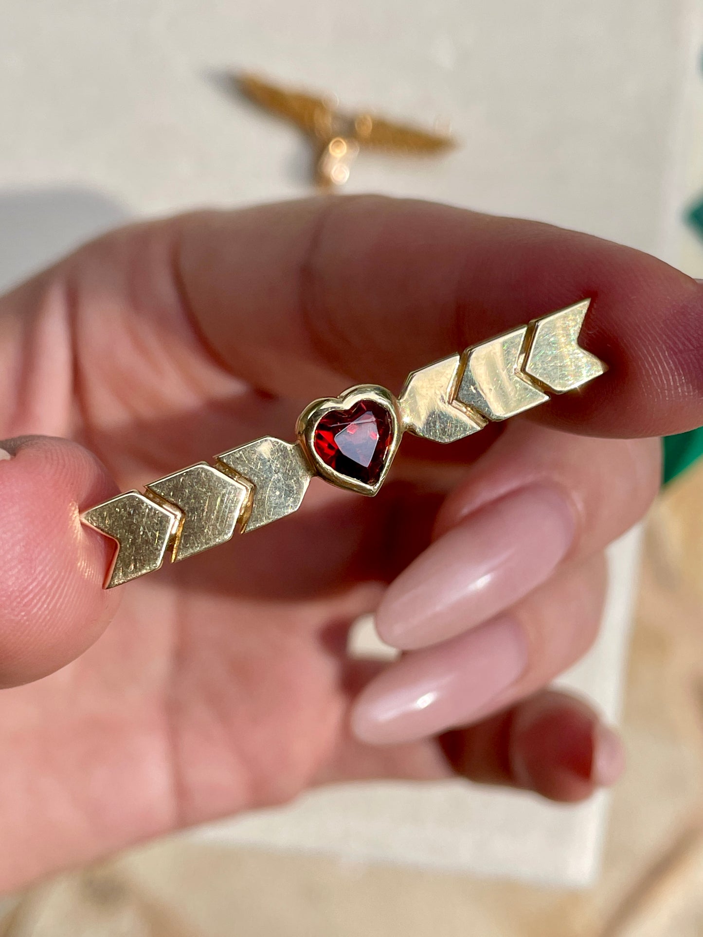 Vintage yellow 14K bezel set red garnet heart pin, 1.5 inch