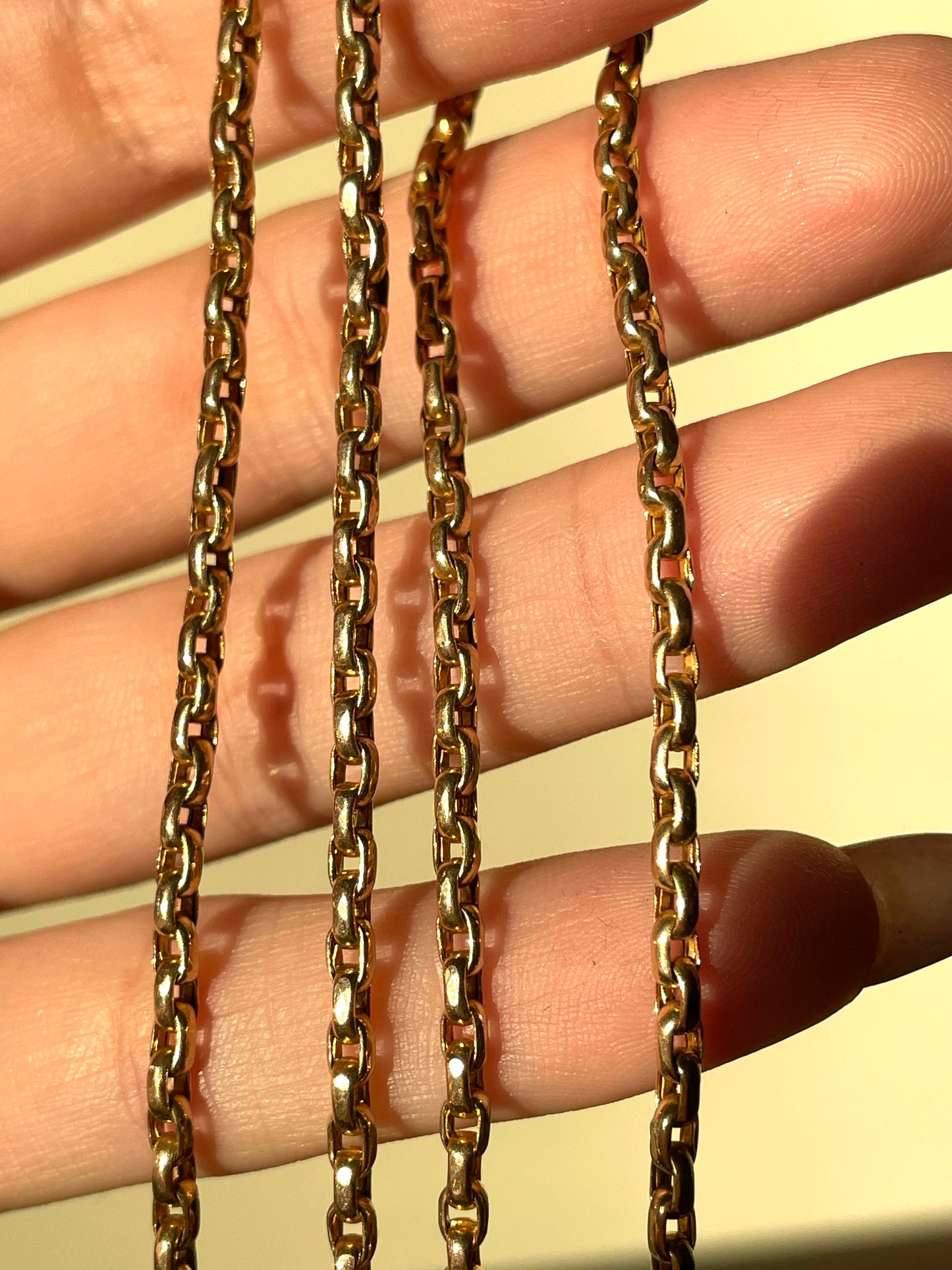 Antique rosy yellow 10K gold belcher link chain with 14K gold lobster clasp, 26.5 inch
