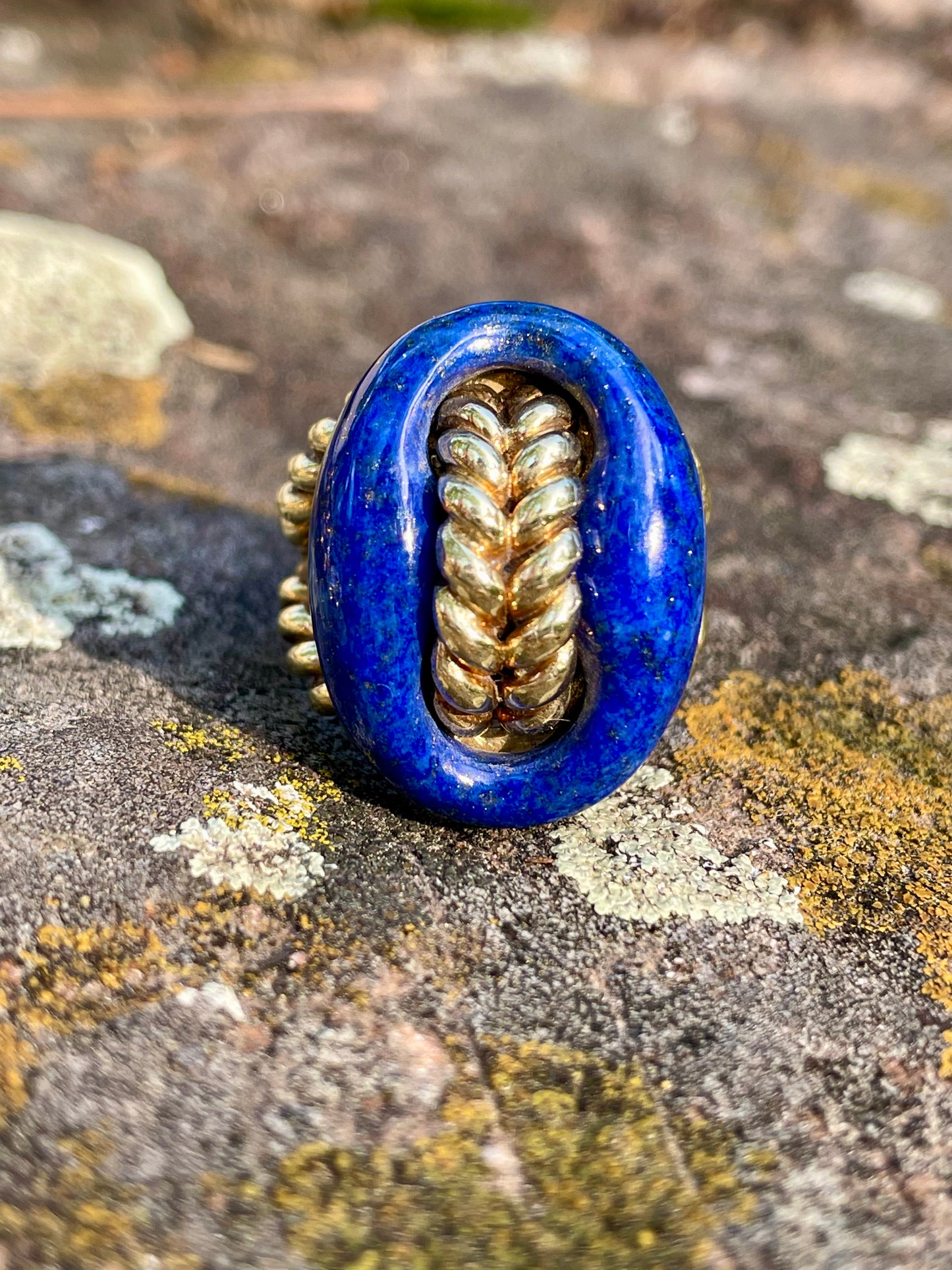 Vintage 14K Carved Lapis Mariner Link Statement Ring