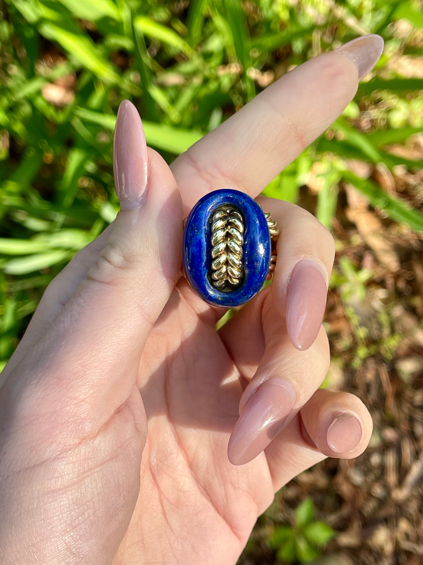 Vintage 14K Carved Lapis Mariner Link Statement Ring