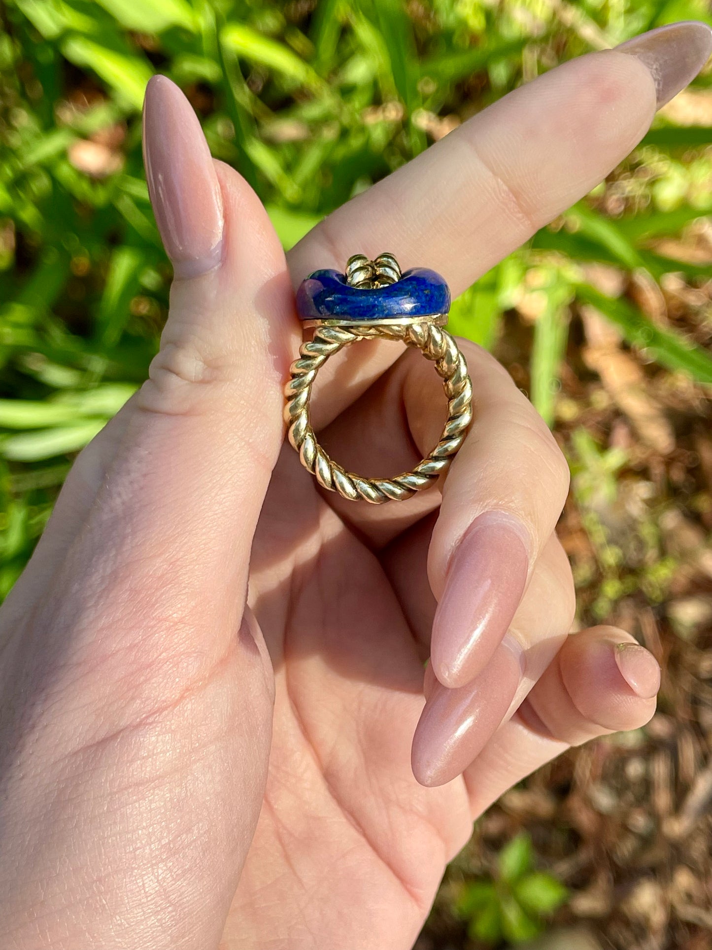 Vintage 14K Carved Lapis Mariner Link Statement Ring