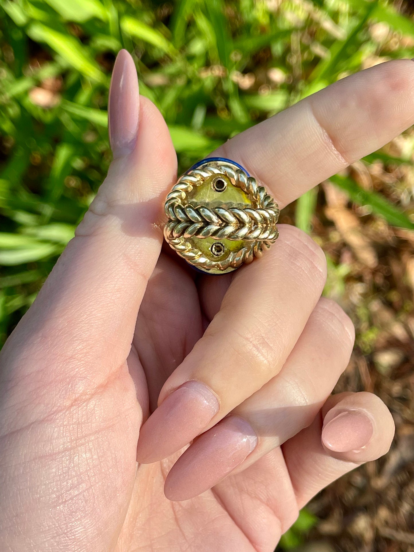 Vintage 14K Carved Lapis Mariner Link Statement Ring