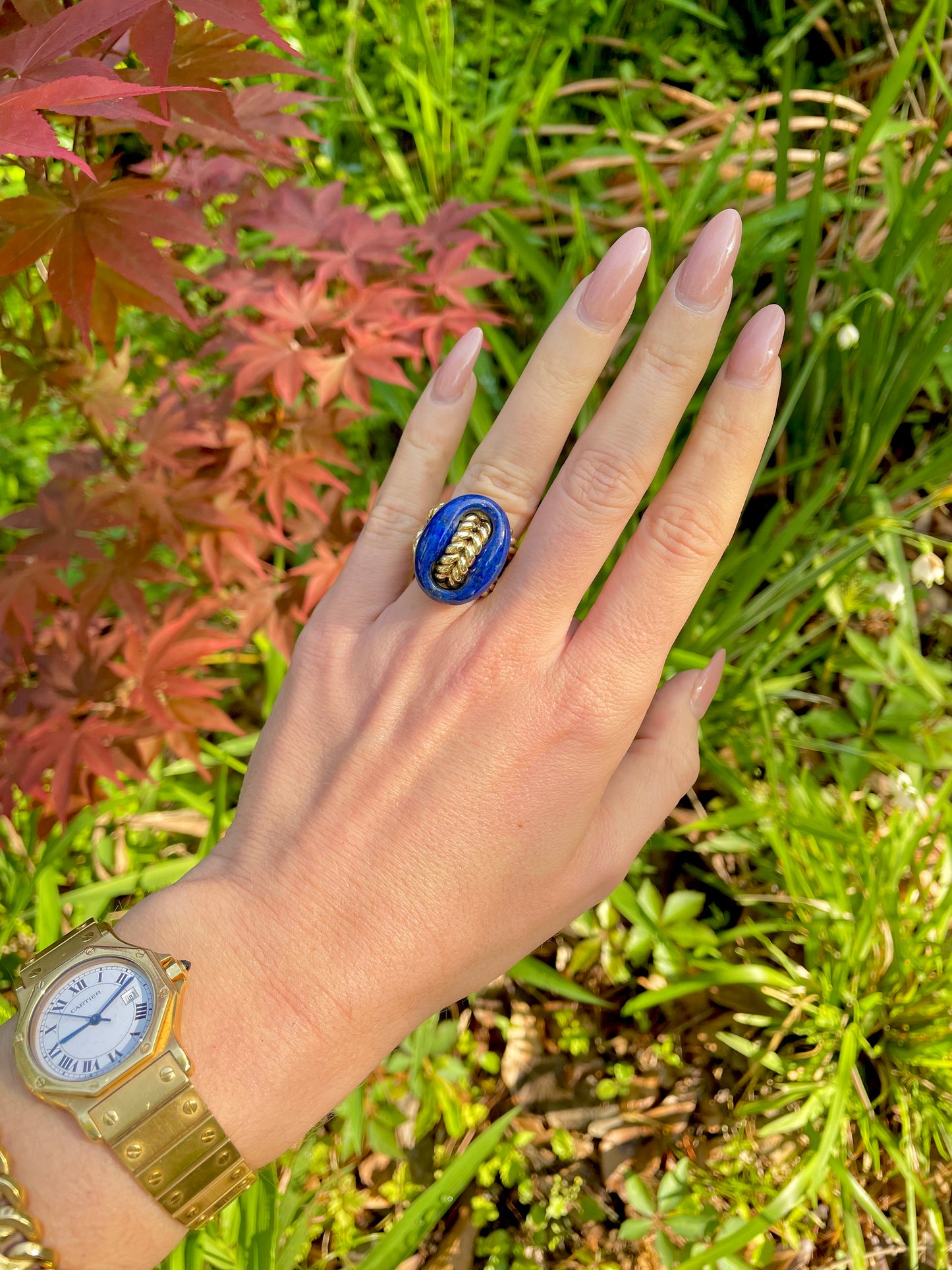 Vintage 14K Carved Lapis Mariner Link Statement Ring