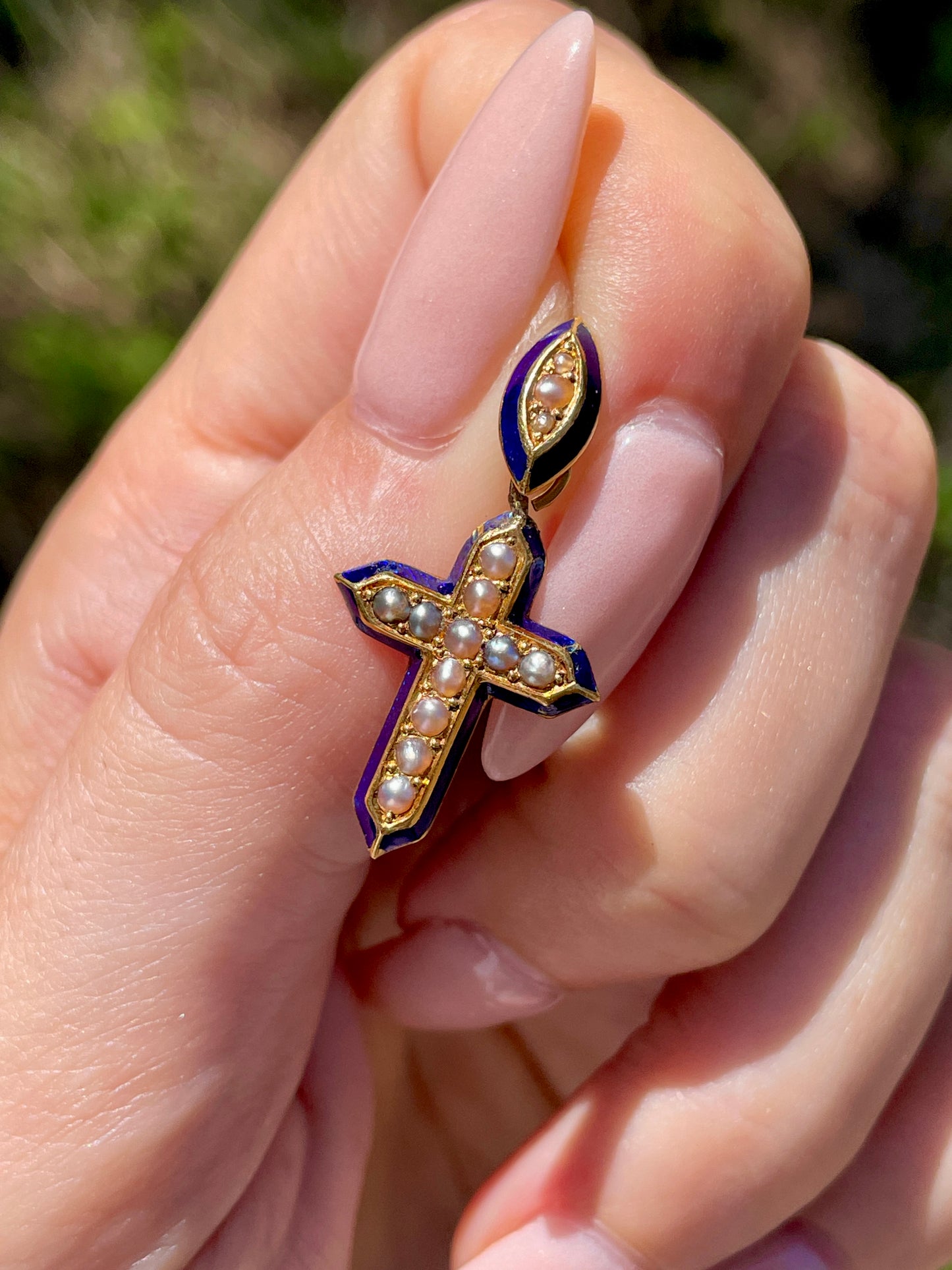 Antique yellow 18K blue enamel and pearl cross pendant