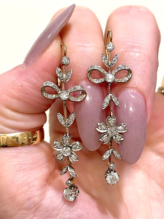[PRIVATE] Antique Platinum and 18K gold diamond bow and floral leverback earrings