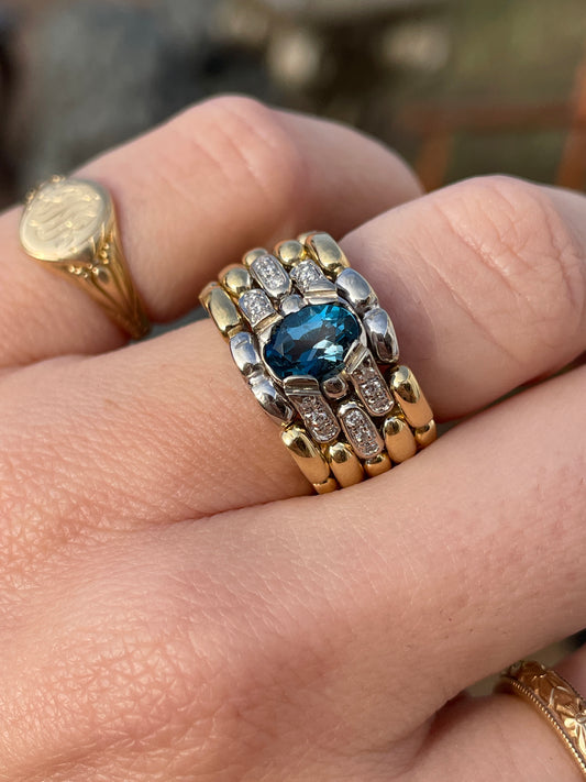 Vintage 18K wide chain ring with indicolite tourmaline and diamond evil eye, size 6