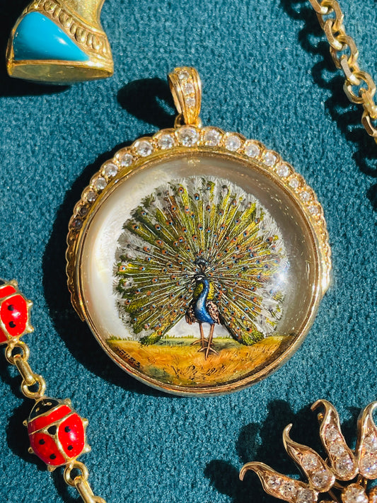 Amazing antique 18K reverse painted Peacock crystal with .7 ctw diamond crescent