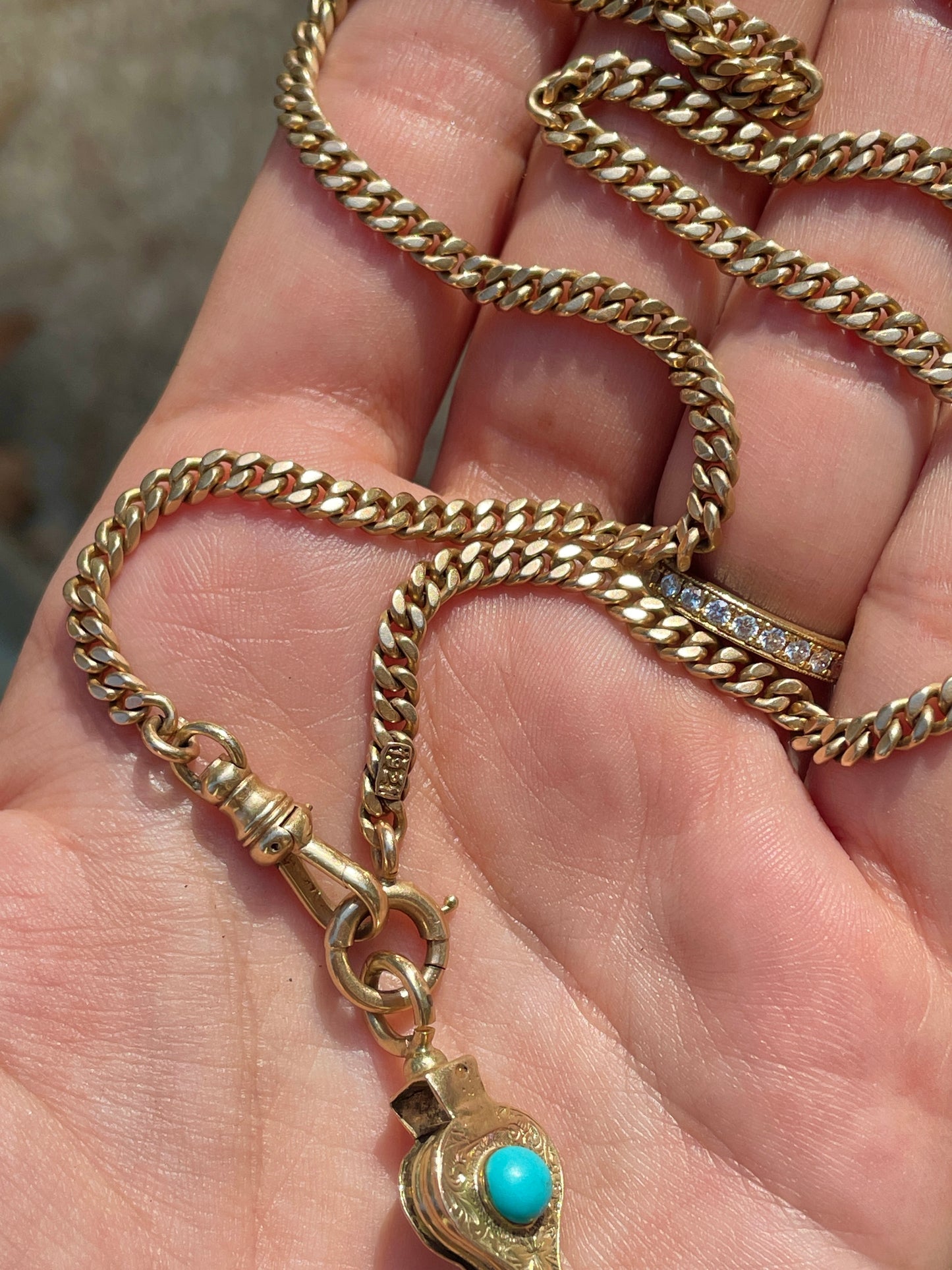 Antique yellow 14K all original flat curb watch chain, 19.5 inch