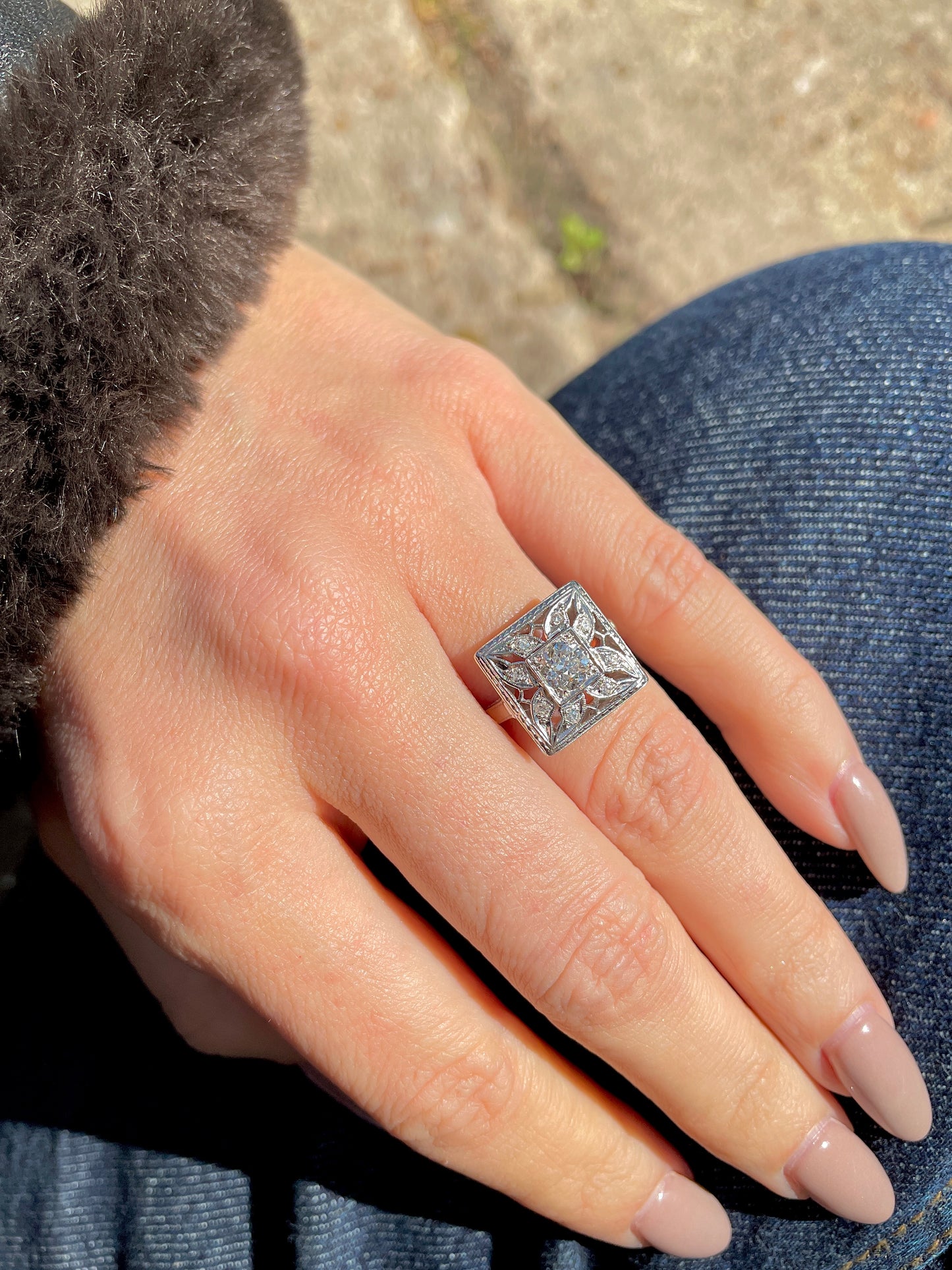 Vintage white 14k .61 ctw OEC and round cut diamond ring, size 6.75