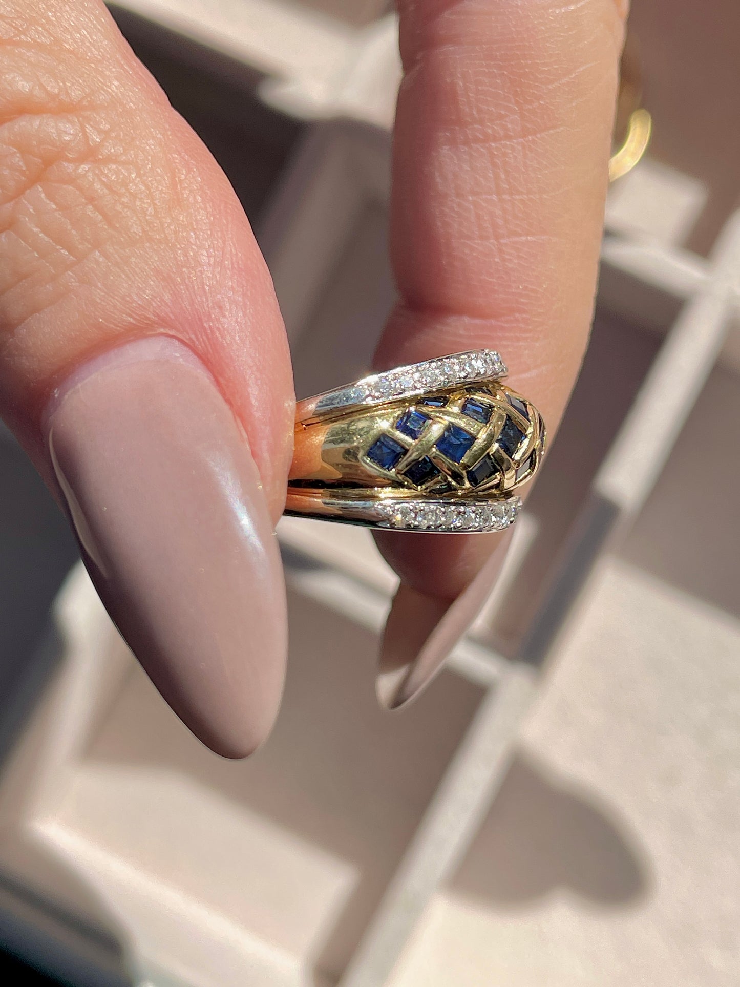 Vintage yellow 18K 1.1 ctw sapphire and .15 ctw diamond checkerboard band, size 7.5