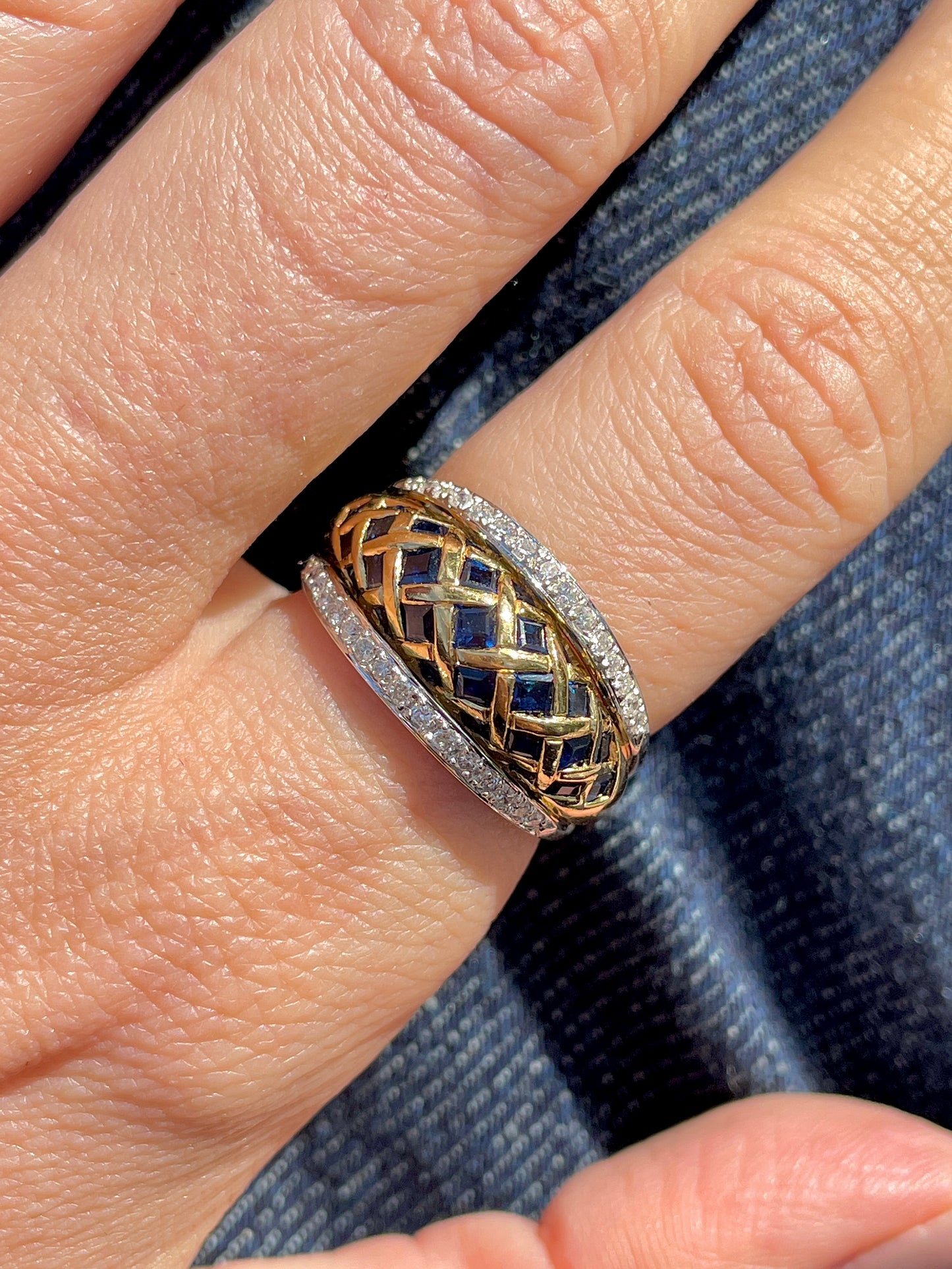 Vintage yellow 18K 1.1 ctw sapphire and .15 ctw diamond checkerboard band, size 7.5