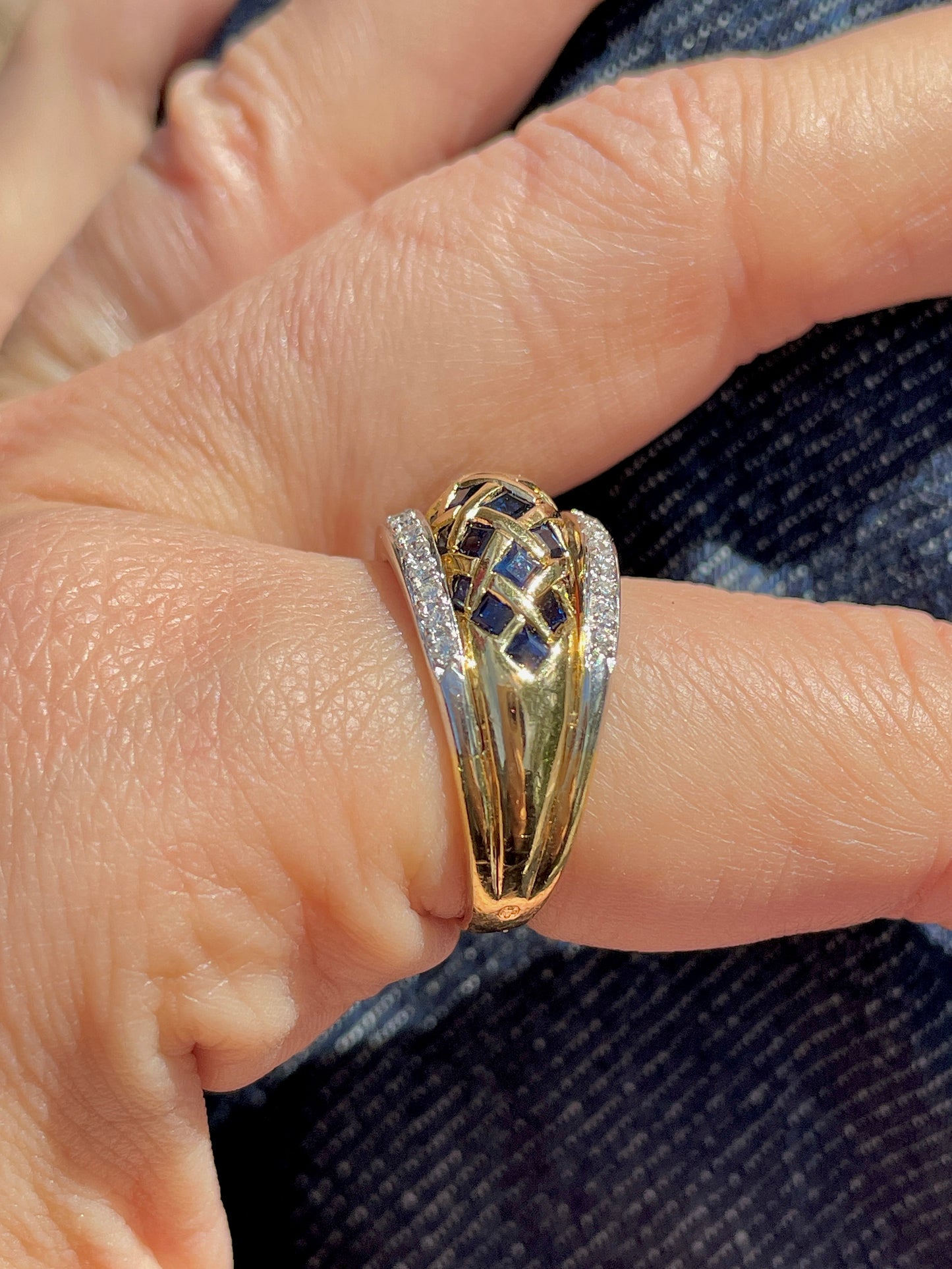 Vintage yellow 18K 1.1 ctw sapphire and .15 ctw diamond checkerboard band, size 7.5