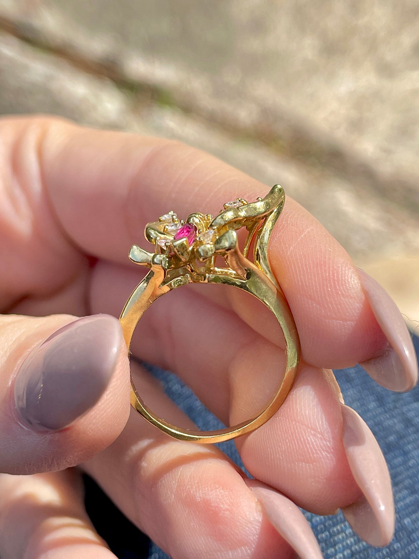 Vintage yellow 18K .13 ctw ruby and .28 ctw diamond butterfly ring, size 6.75