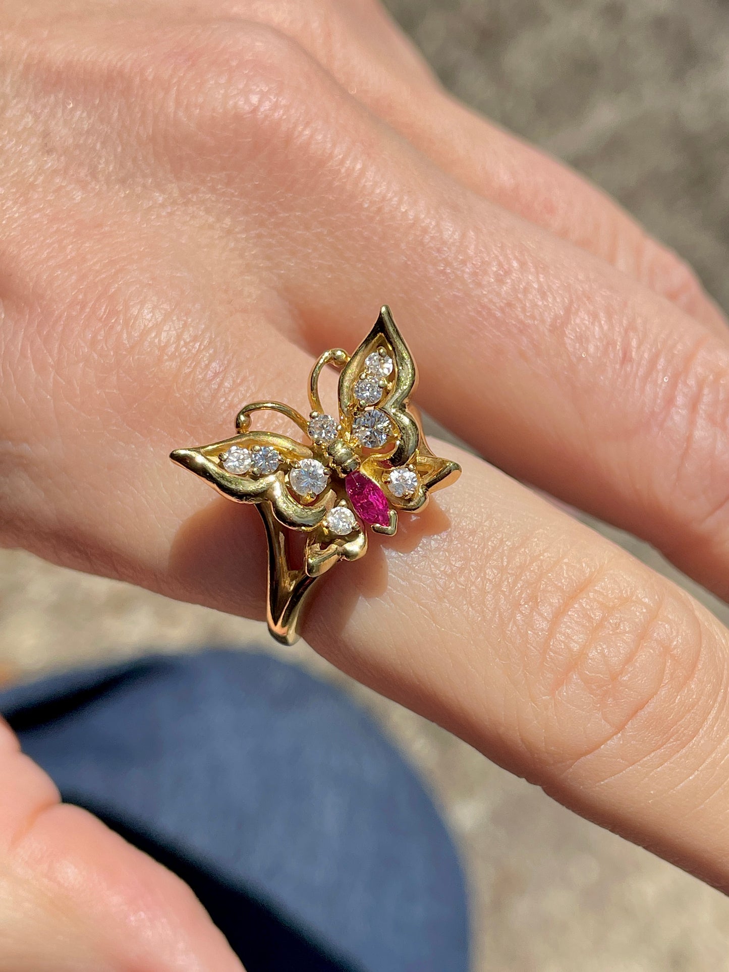 Vintage yellow 18K .13 ctw ruby and .28 ctw diamond butterfly ring, size 6.75