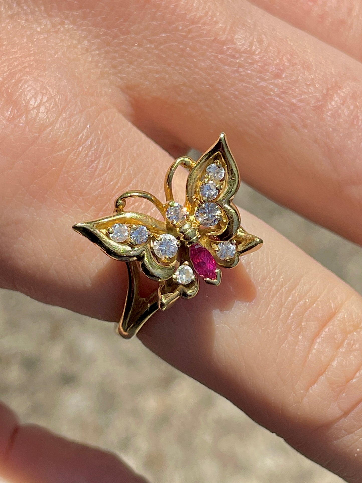 Vintage yellow 18K .13 ctw ruby and .28 ctw diamond butterfly ring, size 6.75