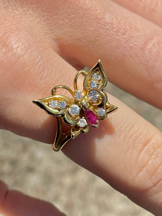 Vintage yellow 18K .13 ctw ruby and .28 ctw diamond butterfly ring, size 6.75