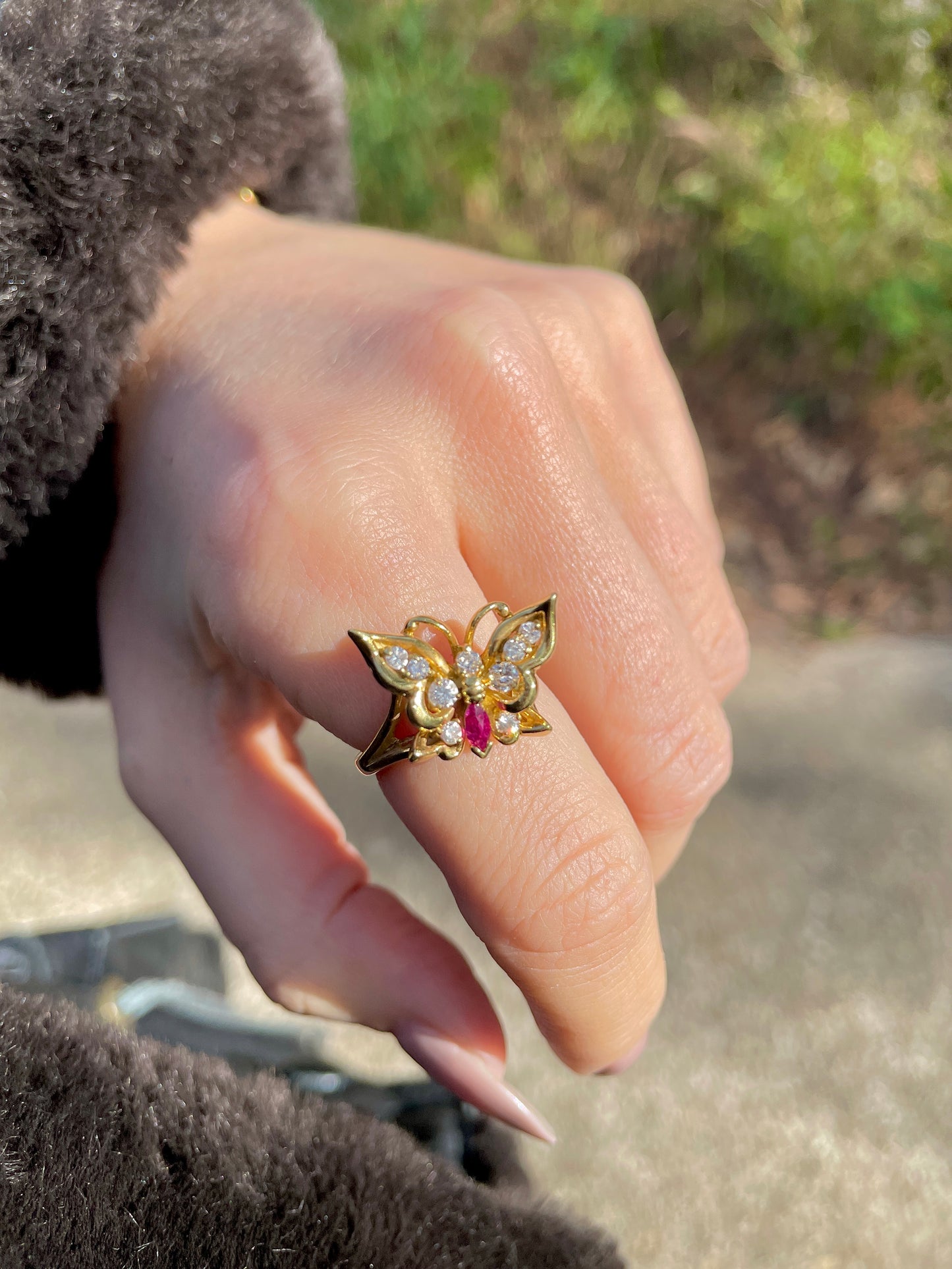 Vintage yellow 18K .13 ctw ruby and .28 ctw diamond butterfly ring, size 6.75