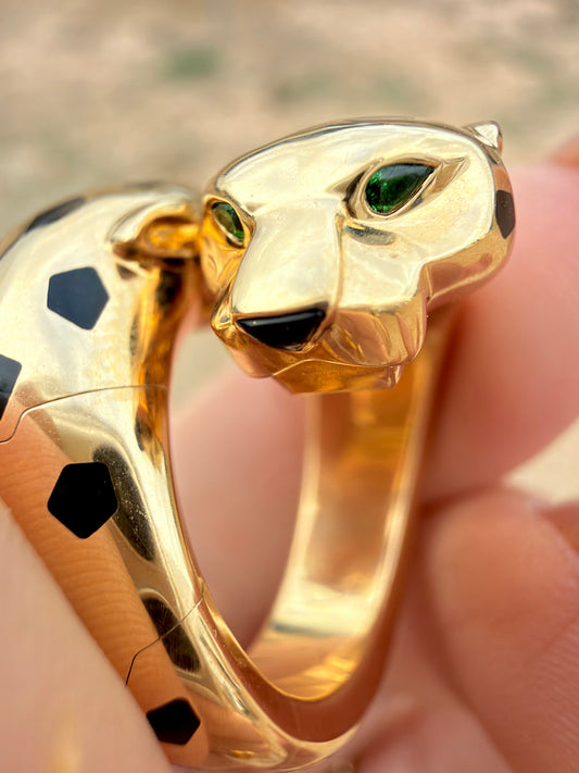 Yellow 18K Panthere de Cartier articulated ring with Tsavorite garnets