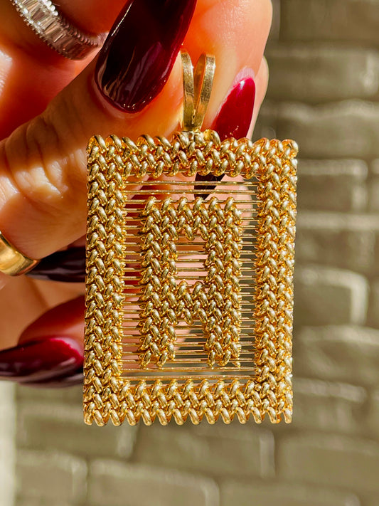 Vintage yellow 14K large woven letter A pendant