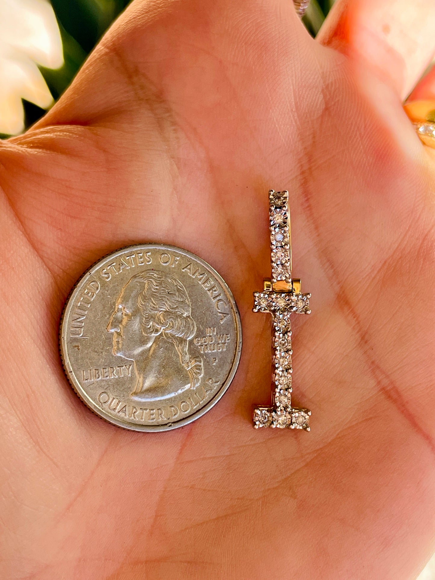 Vintage yellow and white 14K letter I charm with approx .15 ctw diamonds