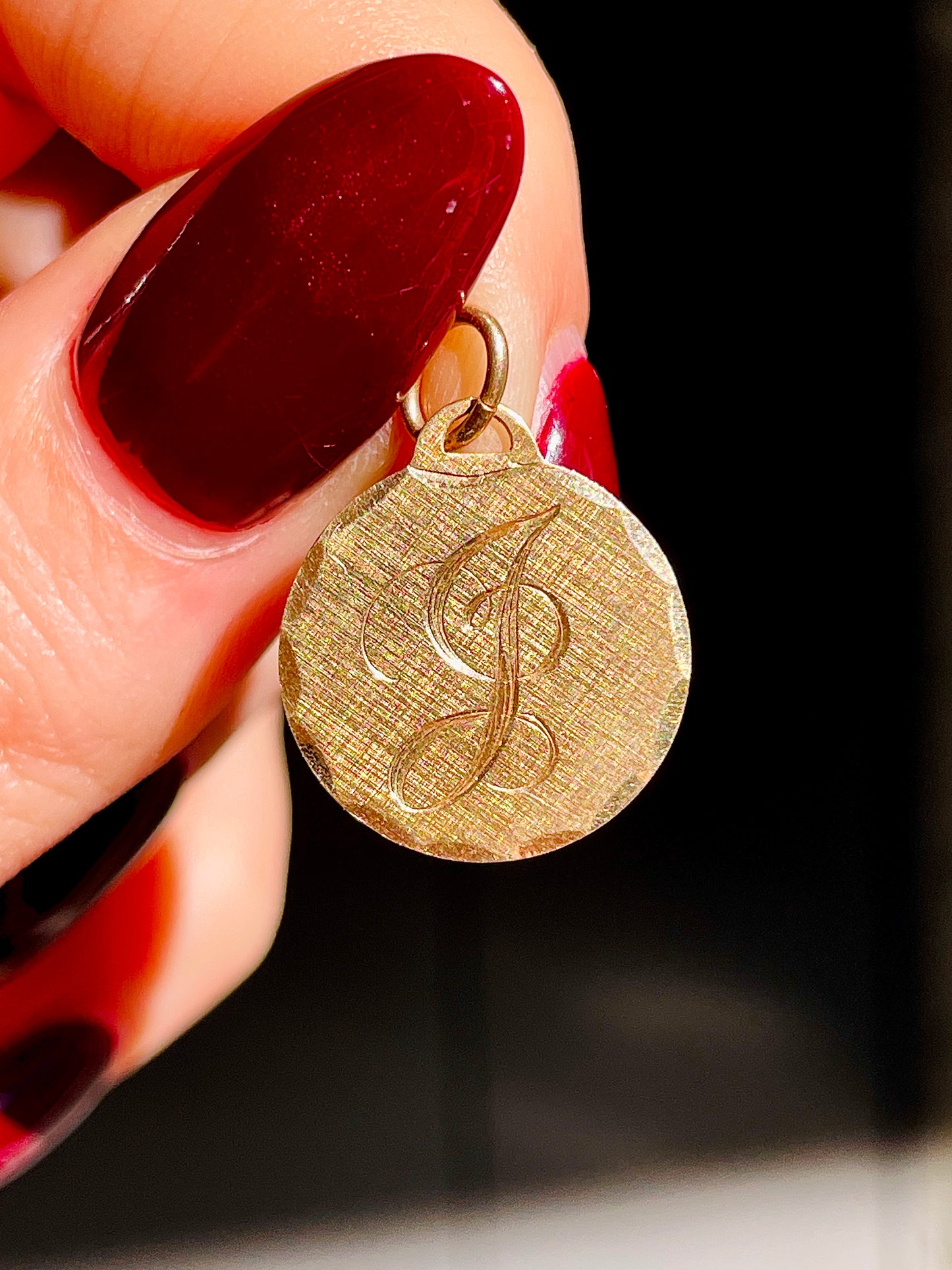 Vintage yellow 14K letter J engraved medallion charm