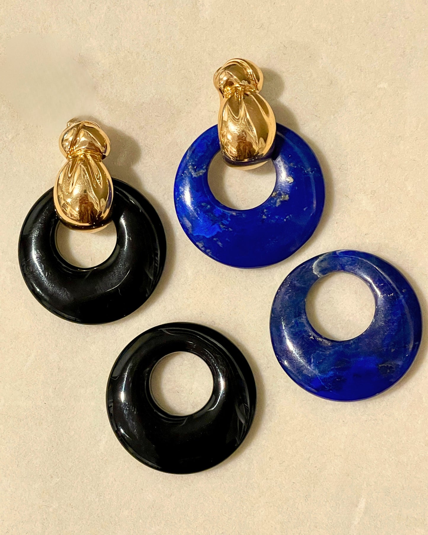 Vintage VCA yellow 18K gold lapis and onyx interchangeable doorknocker earring clips