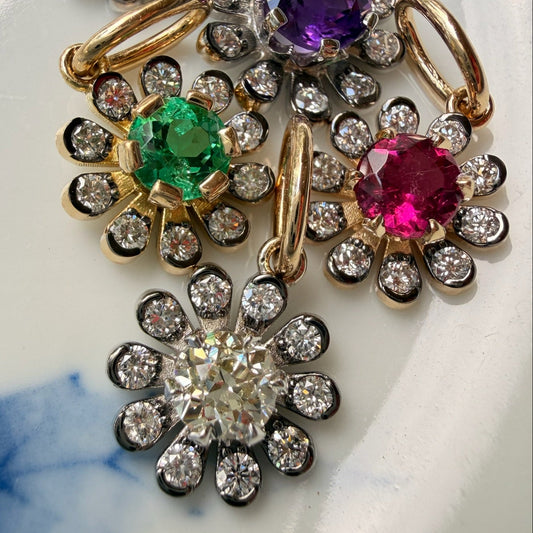 custom-made fine jewelry 3GOG garden party gemstone and diamond flower pendants