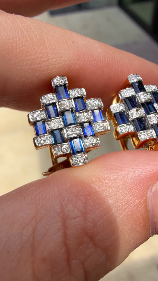 Vintage 18K sapphire and diamond checkerboard convertible omega back earrings