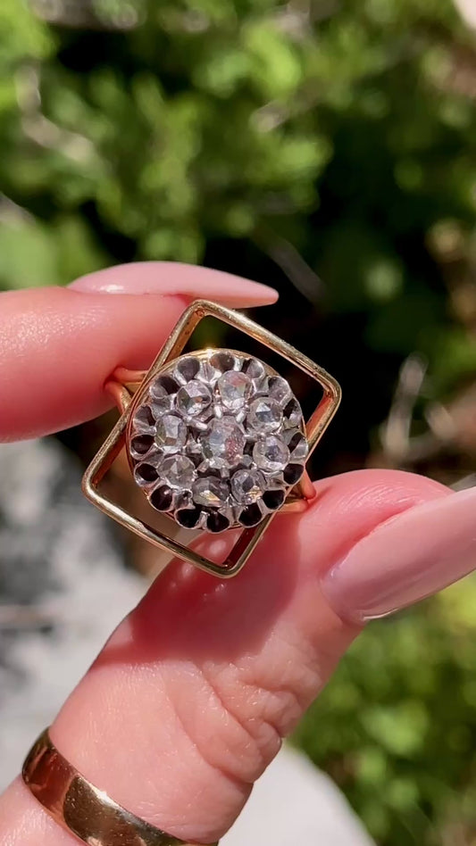 Vintage yellow 22K and silver approx .5 ctw rose cut diamond open square shape ring, size 7
