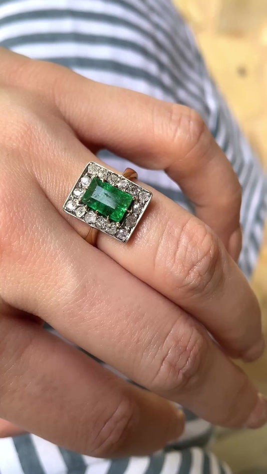 Antique yellow 18K and platinum approx .75 ctw emerald and .4 ctw old mine cut and old cut diamond ring, size 7