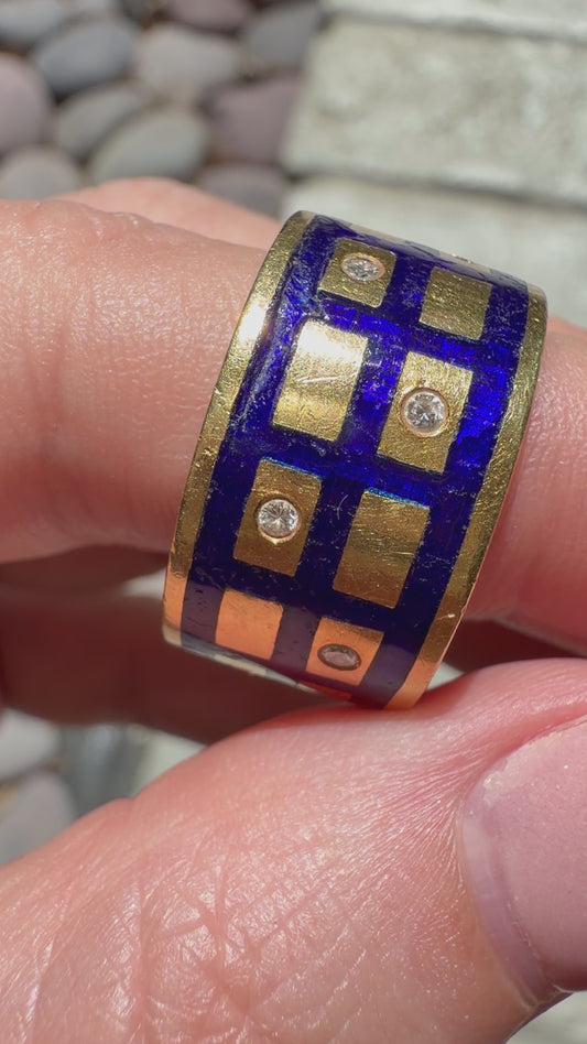 Vintage yellow 18K blue enamel and diamond grid eternity band, size 6.25-6.5