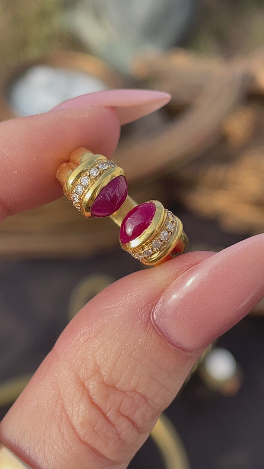 Vintage yellow 18K open ruby ring with .1 ctw diamonds, size 5.5-5.75