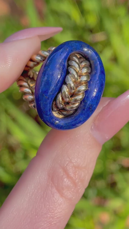 Vintage 14K Carved Lapis Mariner Link Statement Ring