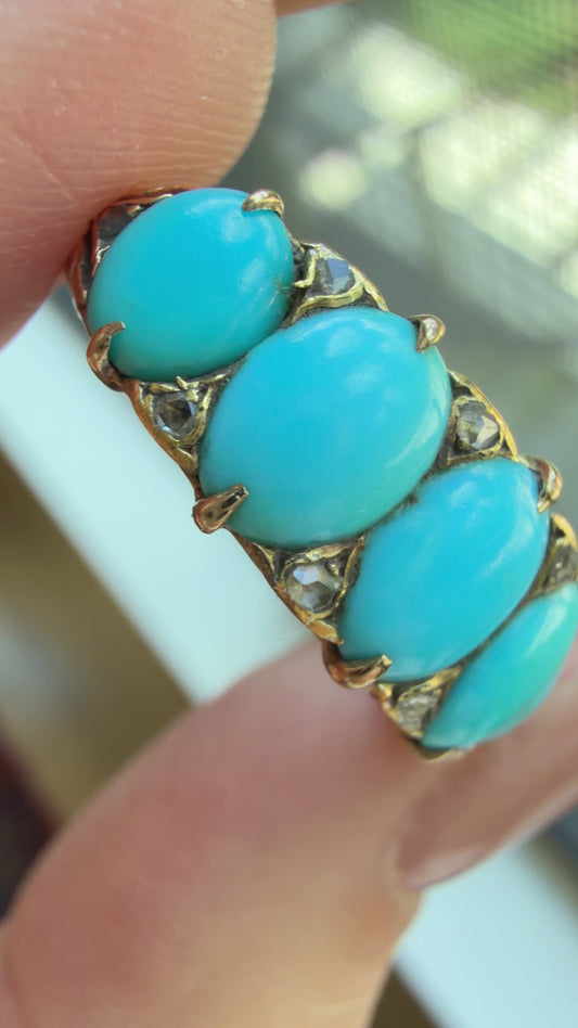 Antique 18K 5-stone Persian turquoise and rose cut diamond ring, size 7.75