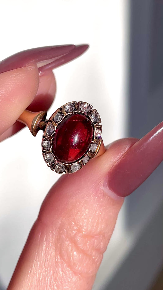 Antique rosy yellow 18K gold 3.9 ctw tourmaline cabochon and .22 ctw rose cut diamond ring, size 9.5