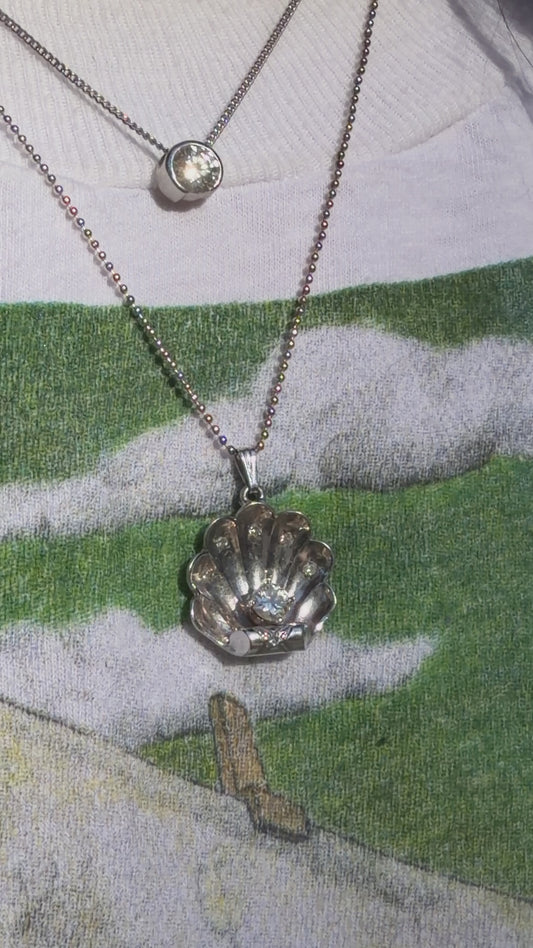 Vintage white 14K approx .35ctw diamond shell pendant on Tiffany and Co sterling ball chain, 18.25 inch