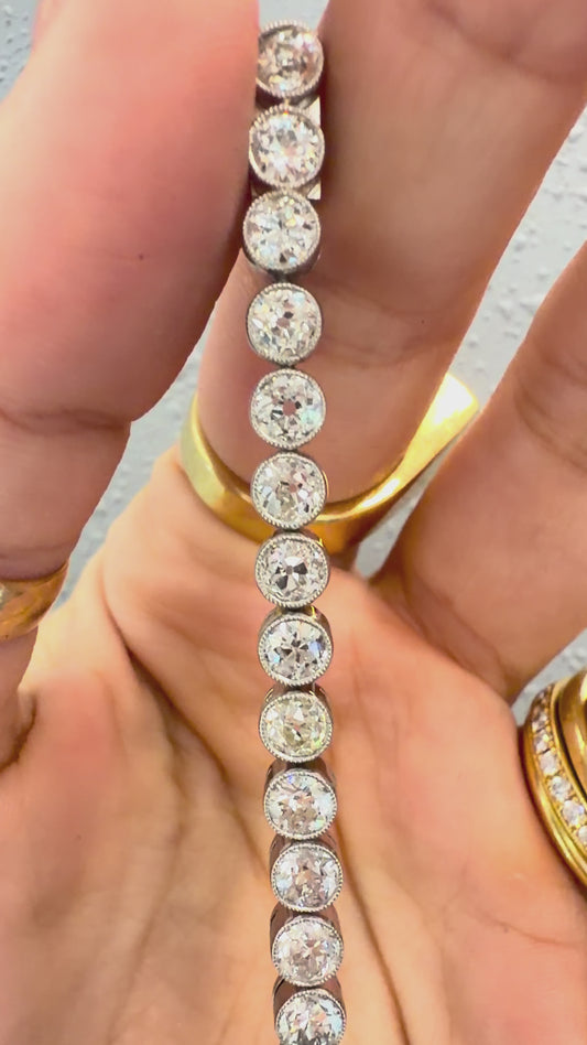 Antique Platinum 9.55ctw Old Mine Cut, Old Euro and Old Cut Diamond and European Cut Diamond bezel set bracelet, 7 and 1/8 inch