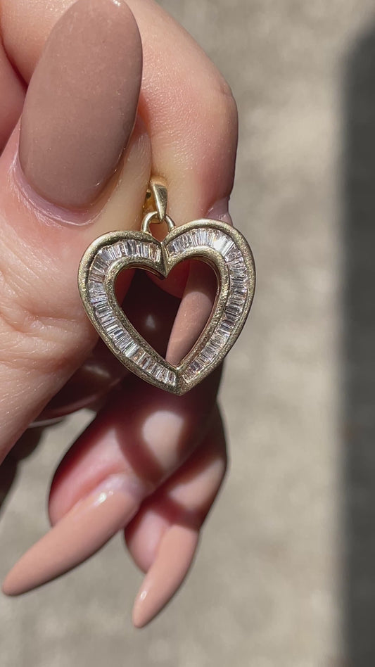 Vintage yellow 14K approx .7 ctw diamond baguette heart pendant