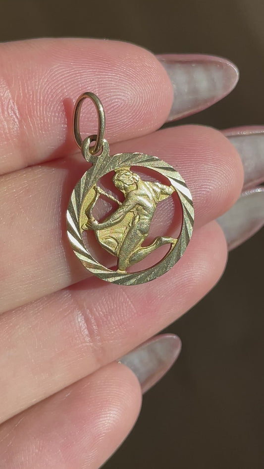 Vintage yellow 14K engine turned Sagittarius open work charm