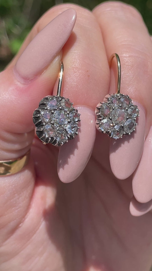 Antique yellow 14K approx 1.5 ctw old mine diamond cluster earrings