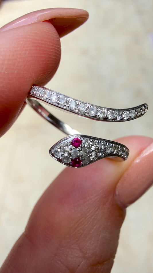 White 14K diamond and ruby snake ring, size 6.25