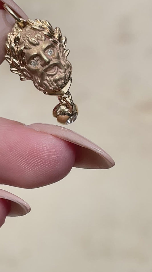 Vintage yellow 14K Zeus pendant with diamond eyes and dangling .07 ctw diamond bubble