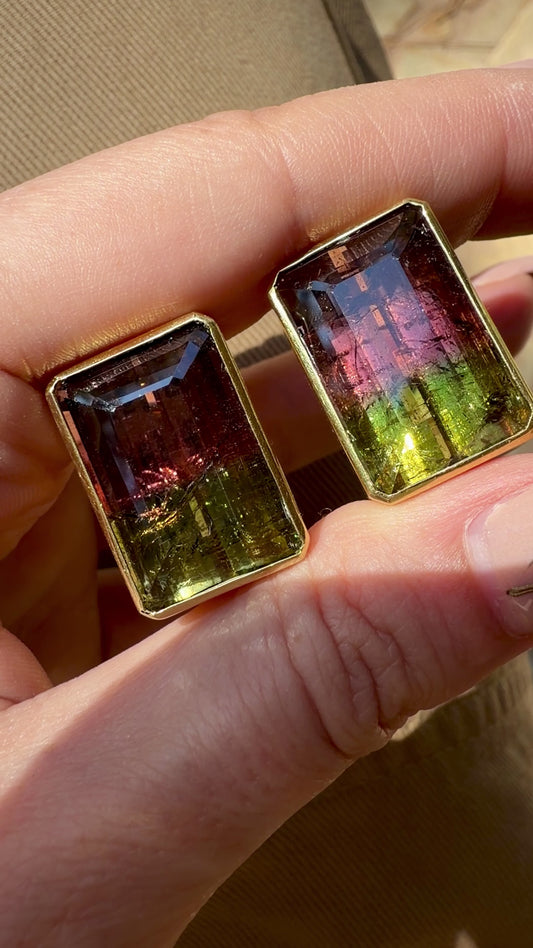 Vintage set of yellow 18K ribbed .63 ctw diamond and 36ctw bicolor tourmaline earrings and enhancer pendant