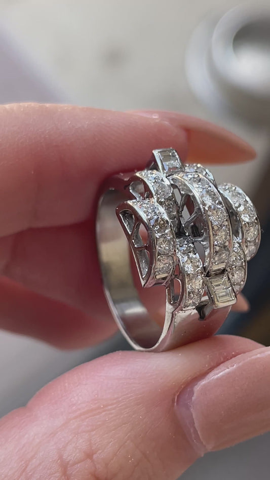 [PRIVATE] Vintage platinum and approx 2 ctw diamond sculptural link wide band, size 7.5