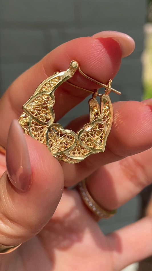 Vintage yellow 14K triple heart filigree hoop earrings