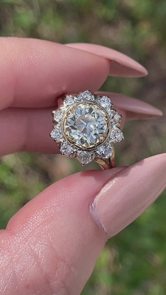 Antique 14K and 18K approx 2.05 ctw Old European cut light yellow and diamond halo ring, size 6.75