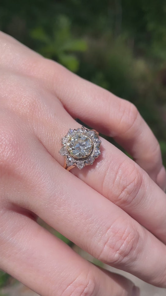 Antique 14K and 18K approx 2.05 ctw Old European cut light yellow and diamond halo ring, size 6.75