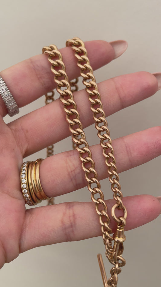 [PRIVATE] Antique yellow 9K watch chain with 3 dog clips and T bar, 17 inch