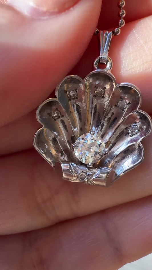 Vintage white 14K approx .35ctw diamond shell pendant on Tiffany and Co sterling ball chain, 18.25 inch
