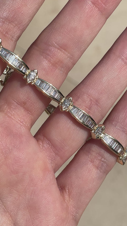 Vintage yellow 14K approx 5.5 ctw marquise and baguette diamond bracelet, 7.5 inch